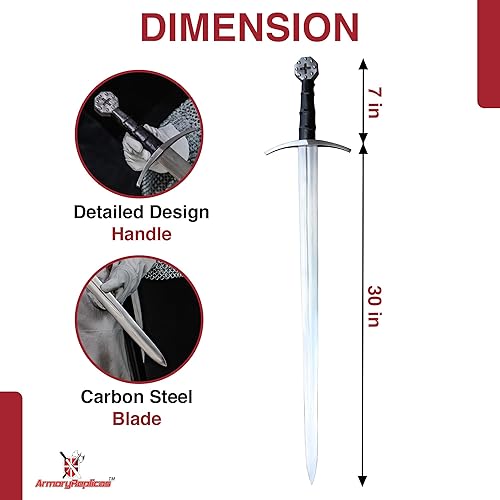 Miniatura 2 de s - Réplica de espada templaria medieval  Hoja de acero al carbono de 37 pulgadas con pomo octogonal, empuñadura y vaina envuelta en cuero genuino,