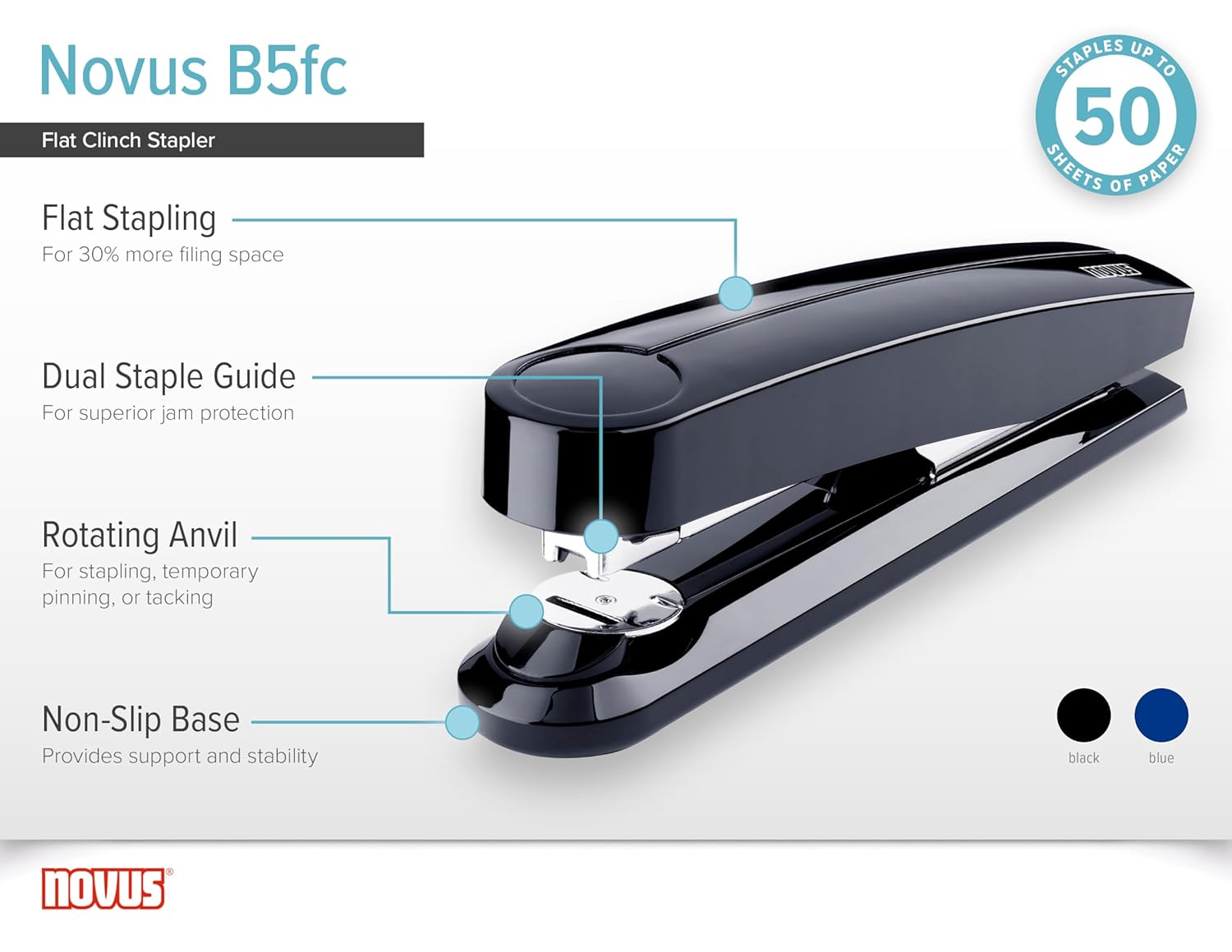Novus B5fc Flat Clinch Stapler, 50 Sheet Capacity, Dual Staple Guide, German Engineered, Staple|Pin|Tack, 25 Year Warranty, Black (020-1454)
