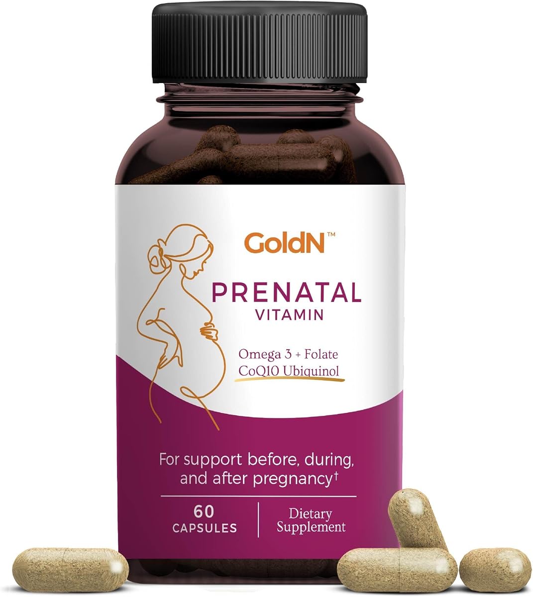 GOLDN™ Prenatal Ubiquinol CoQ10 Vitamins for Women with Iron, Methylated Folate, DHA, Choline & B12 | Gentle on Stomach | Non-GMO | Conception & Pregnancy Support | 60 Capsules (30-Day Supply)