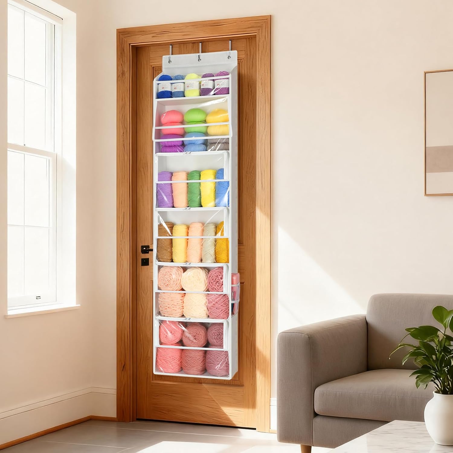 Yecaye Hanging Yarn Storage Organizer with 6 Zippered Closure Compartments, Large Capacity Stuffed Animal Storage with Clear Full-Front PVC, Dustproof Yarn Holder for Crocheting Storage, Pearl White