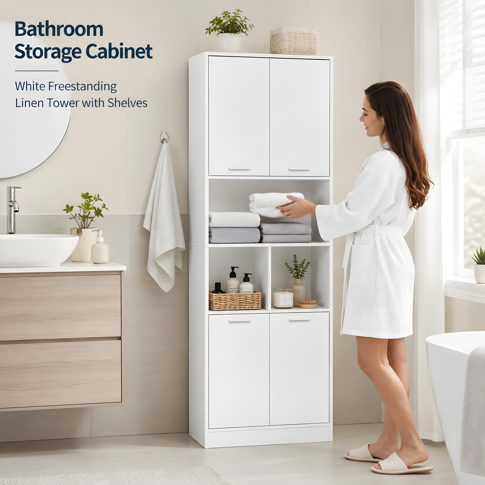Armadio Ufficio Bianco 60x40x180,5 cm, Schedario da Ufficio con 4 Ante, Vano Stampante e Ripiani Regolabili, Mobile Multiuso Salvaspazio per Camera e Bagno, Credenza per Cucina e Soggiorno