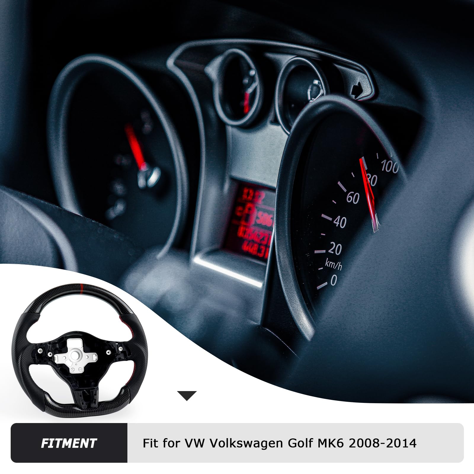 Volante de fibra de carbono, piel y D, con fondo plano y costuras rojas, mango de cuero perforado para VW Volkswagen Golf MK6 GTI 2008-2014