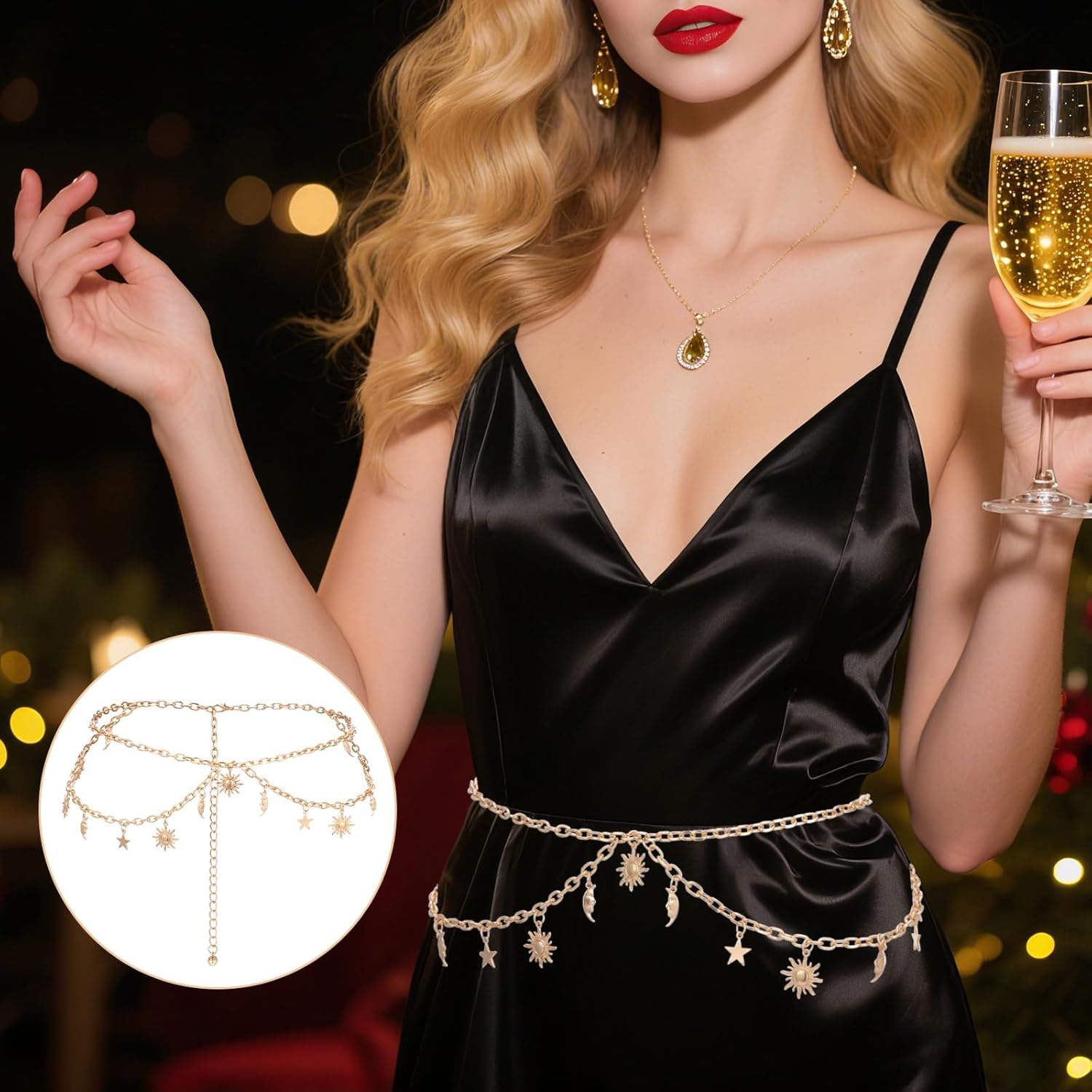 Double Layer Gold Metal Chain Belt for Women, Adjustable Sun Moon Star Waist Chain Link Belt For Dresses Jeans, Fits Waist 24-45 Inches - Image 4