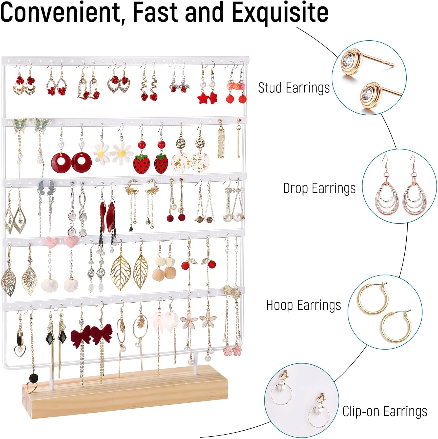 5 Tier 120 Hole Earring Holder Organizer, Rust Proof Metal and Wooden Base Jewelry Organizers and Storage for 60 Pairs of Earrings, Suitable for Home Storage and Sales Display - Image 4