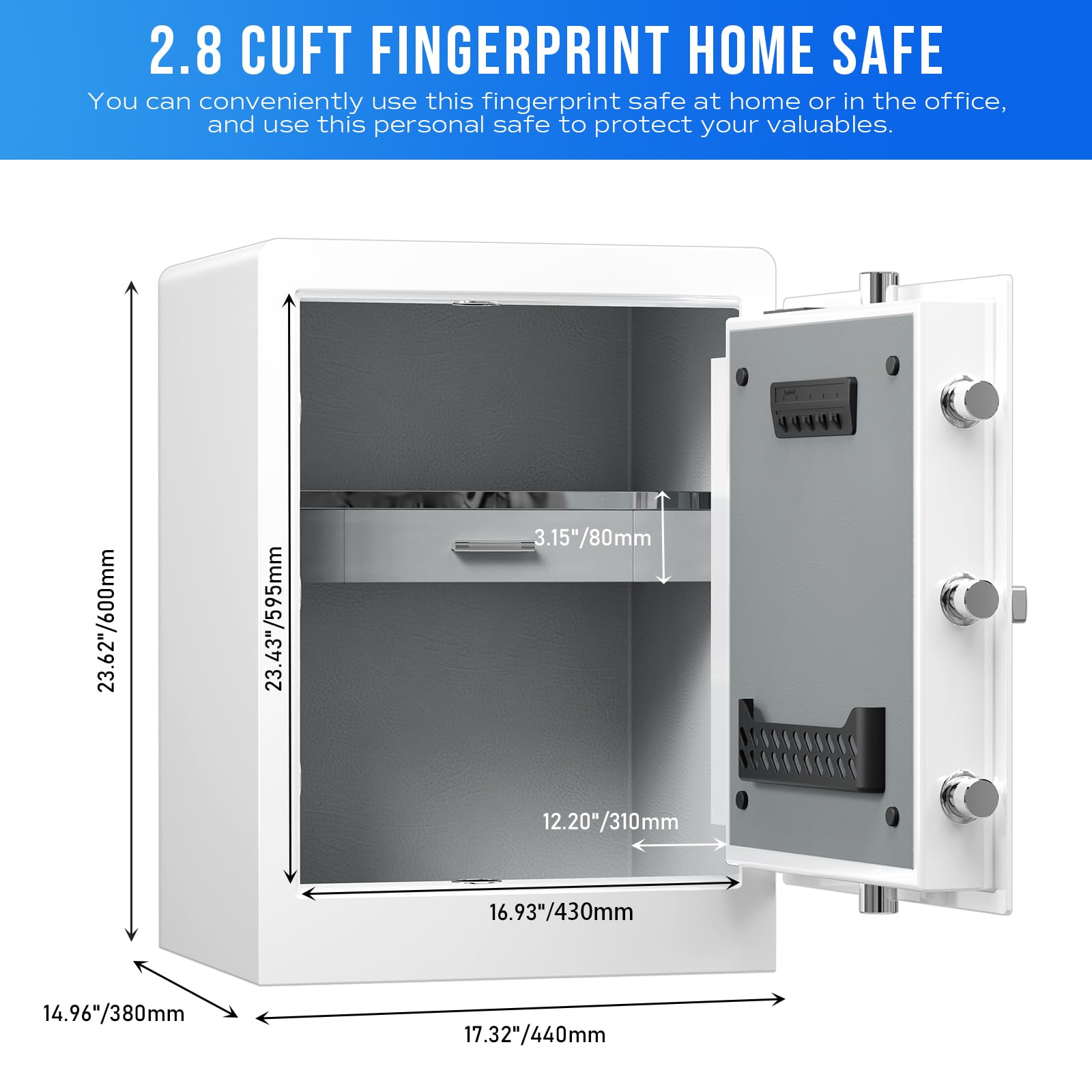 RPNB Luxus Safe und Schließfach, Biometrischer Fingerabdruck-Safe mit Touchscreen, Sprachansagen, doppelter Warnung, One-Touch-Entriegelung, Perfekt für Home Office, Hotel, Büro, 80 L, Weißer