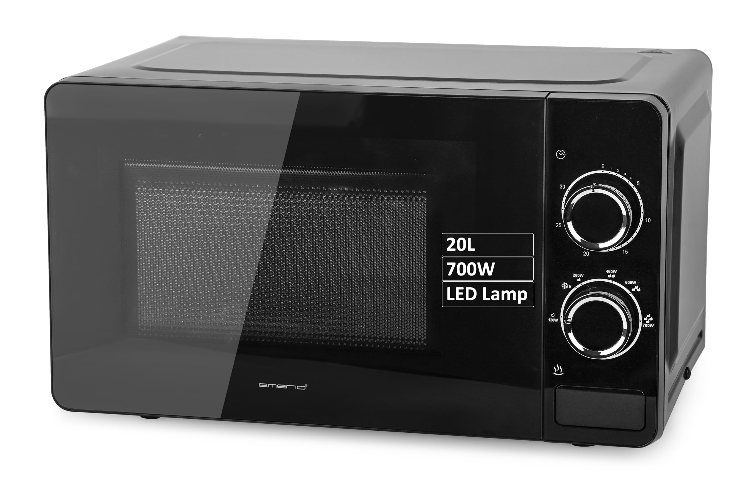 EMERIO Microonde con 6 livelli di potenza e 700 Watt, volume 20 l, timer da 30 minuti, illuminazione interna, funzione scongelamento, piatto girevole a 360° in vetro | MW-131692