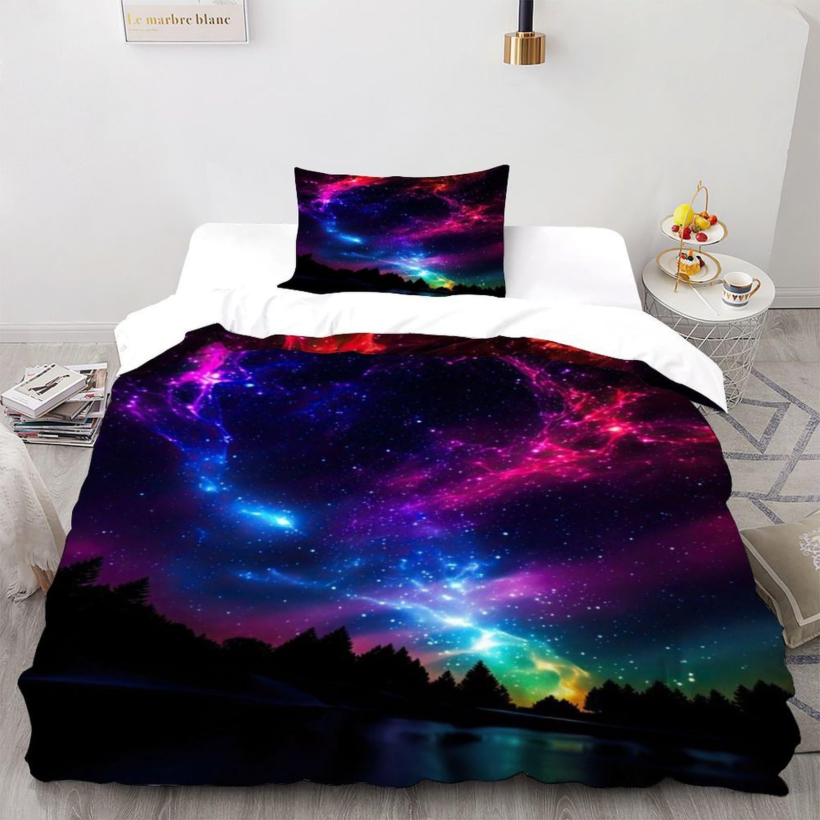 Galaxy Forest Bedding Set Theme Bedspread Space Theme Duvet Cover Set Chic Breathable Quilt Cover Universal for All Seasons Pillowcase Single（135x200cm）