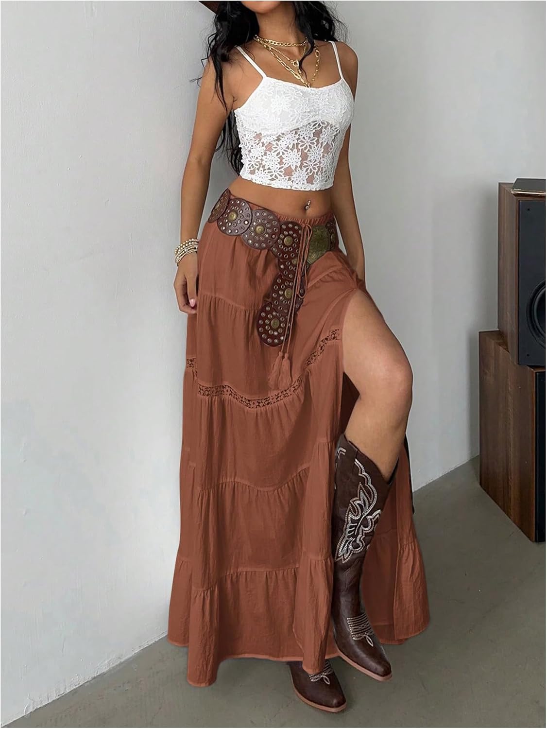 Verdusa Women's Long Maxi Skirts Boho Western Country Cncert Outfits Lace Skirt Split Layered Ruffle Skirt - Image 3