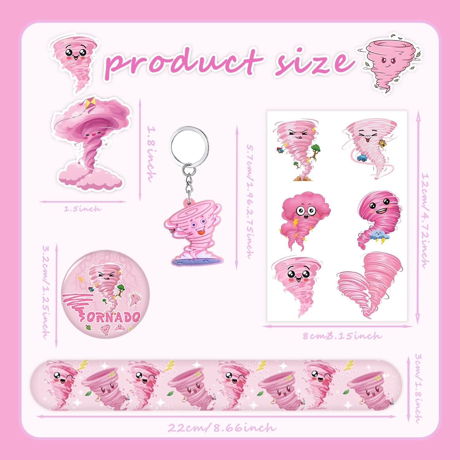 98 PCS Pink Tornado Party Favors, Two Nado Birthday Party Decorations Tornado Temporary Tattoos Slap Bracelets Keychains Tornado Stickers Badges for Tornado Birthday Party Decor Supplies