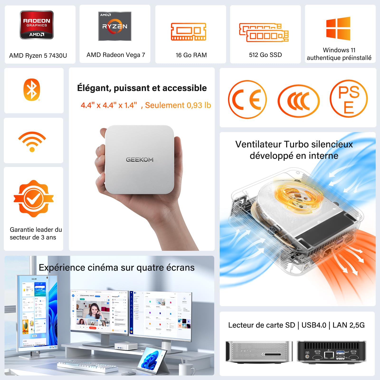 GEEKOM A5Pro Mini PC AMD Ryzen 5 7430U 16 Go RAM 512 Go SSD Aluminium Windows 11 Pro USB4 LAN 2,5G 8K Quad Display