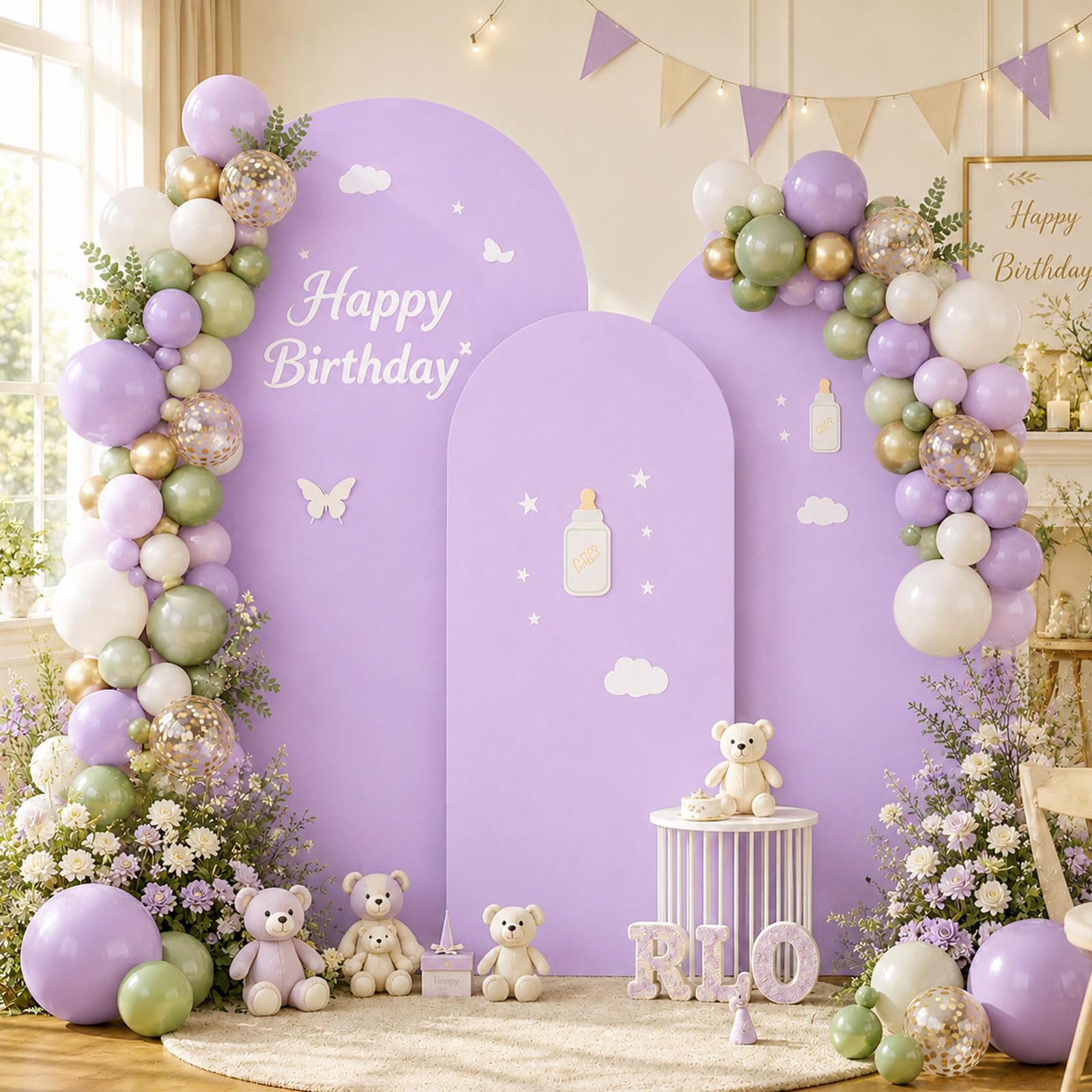 Toile de fond double face avec dessus rond, fond photo pour mariage, anniversaire, cérémonie, fête et banquet (violet, lot de 3)