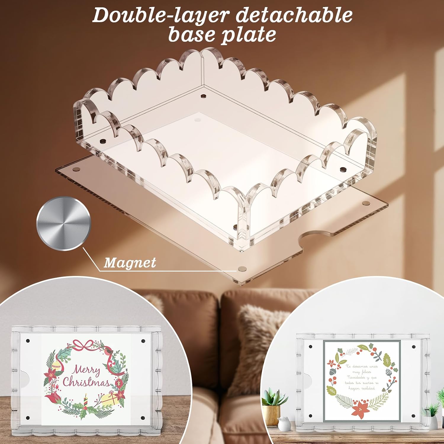 Acrylic Scalloped Tray with Magnetic Mat, 7.8x5.8 Inch Customizable Display for Photos Art Messages, Clear Serving Tray Organizer Non-Slip Base, Home Office Decor or Gift