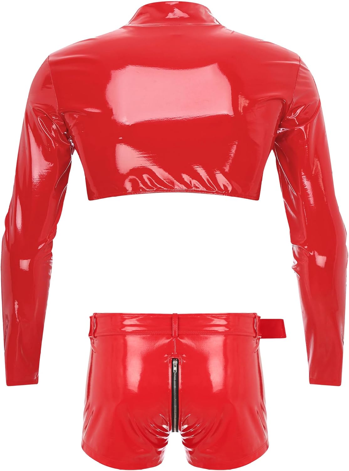 Mens Glossy Patent Leather Rave Outfits Long Sleeve Crop Top and Boxer Shorts with Belt Clubwear