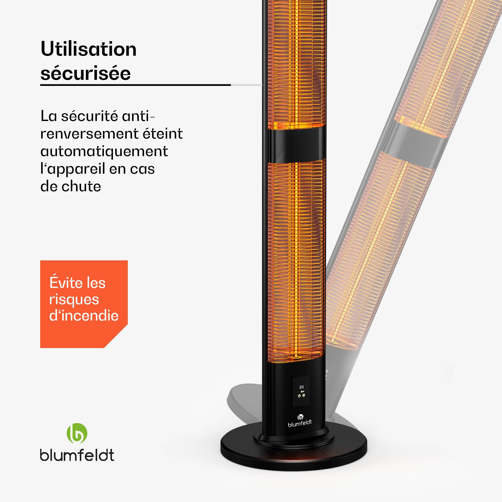 Blumfeldt BlazeTower radiateur infrarouge - 3000 W, chaleur réglable, IP45, protection anti basculement, télécommande & minuterie 24H - idéal pour terrasse & jardin