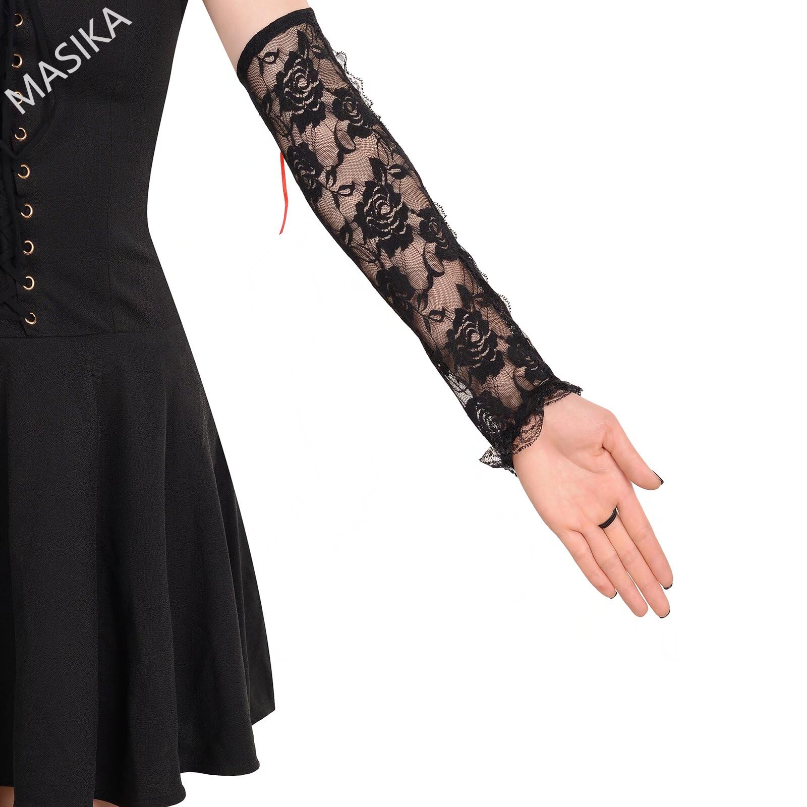 Guantes sin dedos de encaje negro, guantes largos de satén para mujer, cosplay, accesorios góticos, fiesta, espectáculo de escenario, guantes de boda., Negro