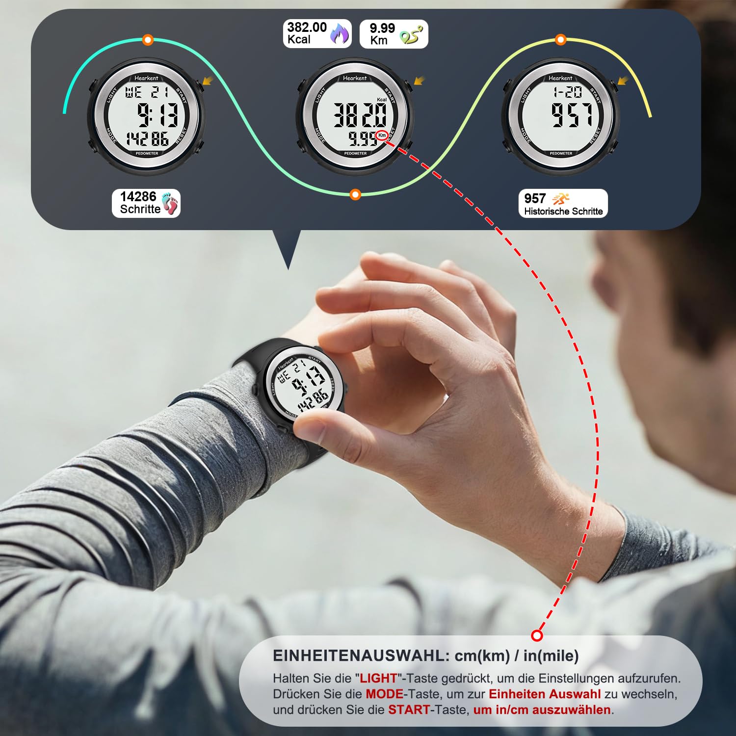 Hearkent wasserdichte Schrittzähler-Uhr für Senioren ohne Bluetooth, Keine App erforderlich, mit Schrittzähler, Kalorienzähler und großen LCD-Ziffern