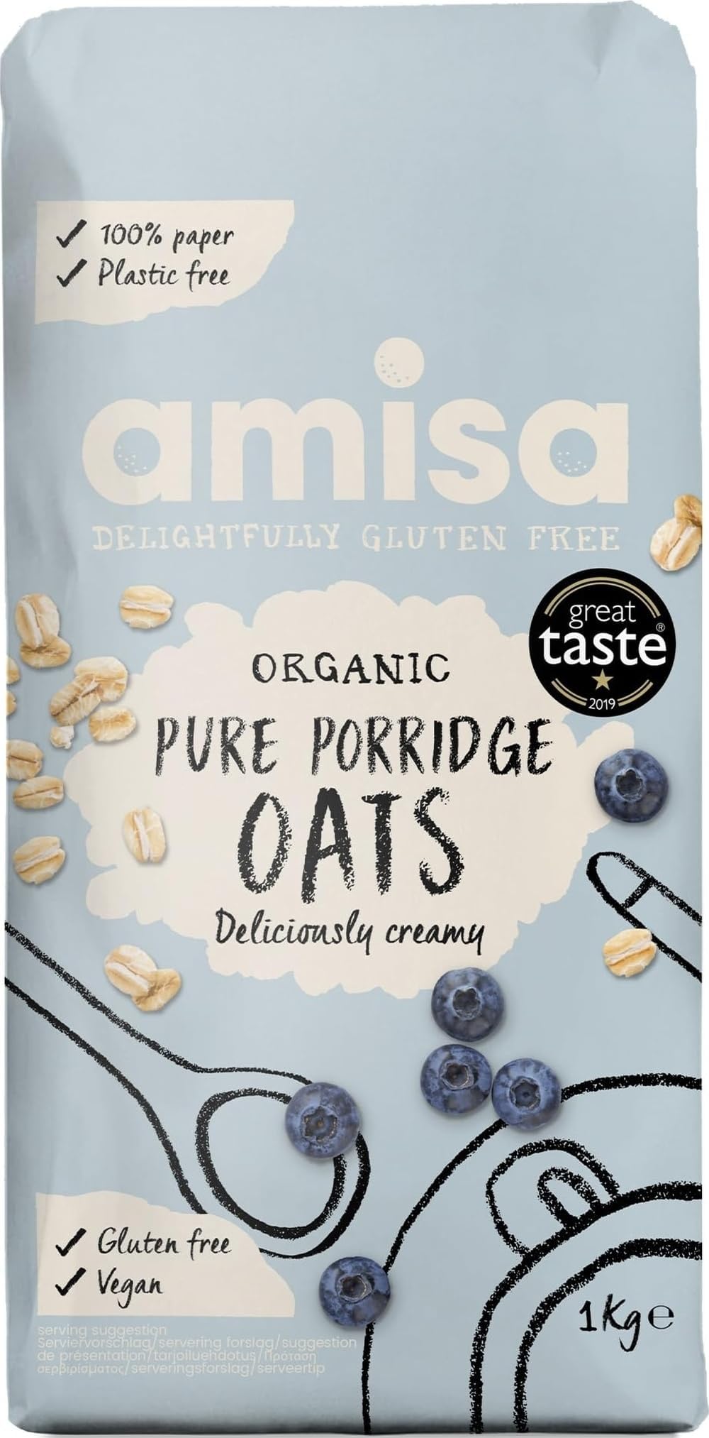 Amisa Organic Gluten-Free Porridge Oats, 1kg - Batch Tested, High Fibre, 100% Recyclable Paper Packaging - Ideal for Breakfast, Cooking & Baking , Pack of 1