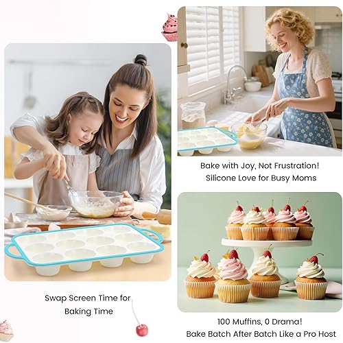 Miniatura 9 de Moldes de silicona para magdalenas para hornear, 2.6 pulgadas con marco reforzado de metal, molde antiadherente de tamaño regular, 12 tazas para