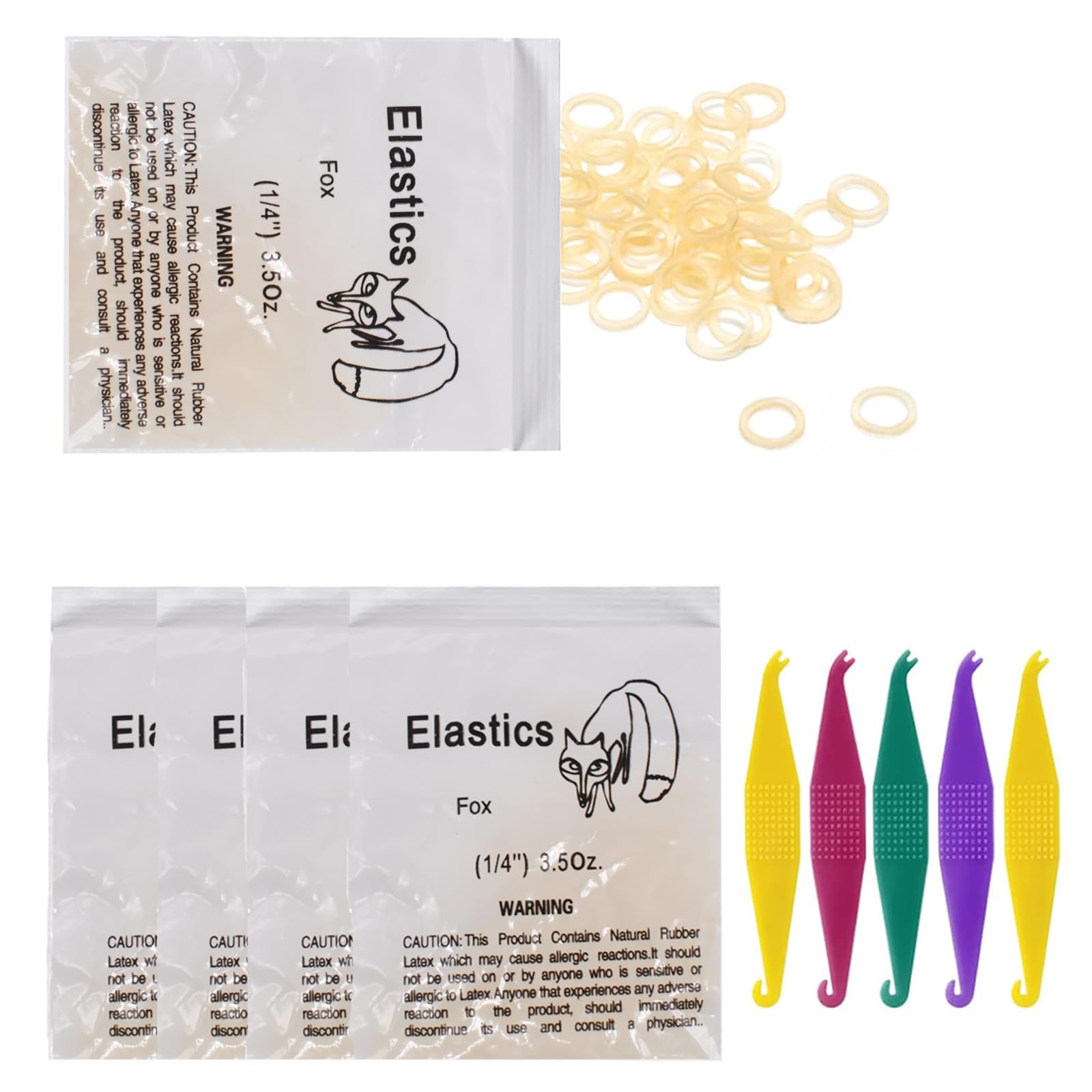 Orthodontic Elastic Rubber Bands and Placers, 500 Pcs Dental Rubber Traction Bands, 5 Pcs Elastic Placer for Braces (1/4",Fox)
