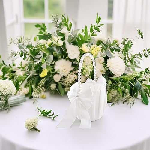 Miniatura 3 de Cesta de niña de las flores para boda con mango de perlas (marfil - lazo)