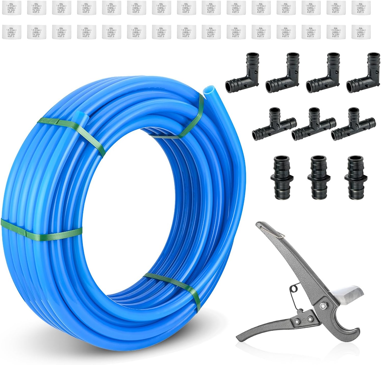 1/2 Inch Niikappu White PEX-A Pipe, 100 Ft Pex A Tubing with a Pipe Cutter, 30PCS 1/2" Expansion Rings & 10PCS 1/2" Poly PPSU Expansion Fittings