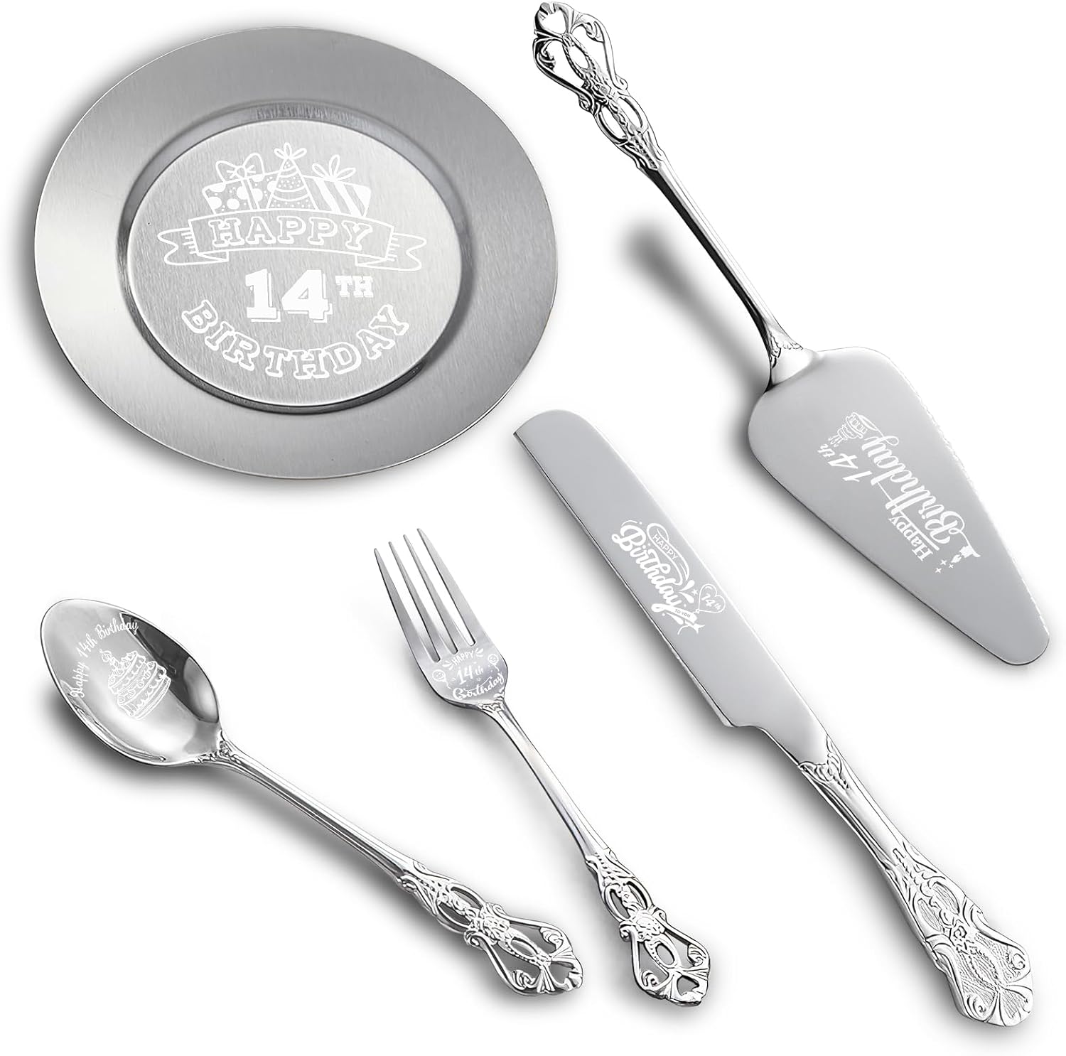 Happy 20th Birthday Personalized Laser Engraved Stainless Steel Cake Tableware Set:Cake Server,Plate,Knife,Spoon, Fork - Memorable 20 Year Old Gift Keepsake