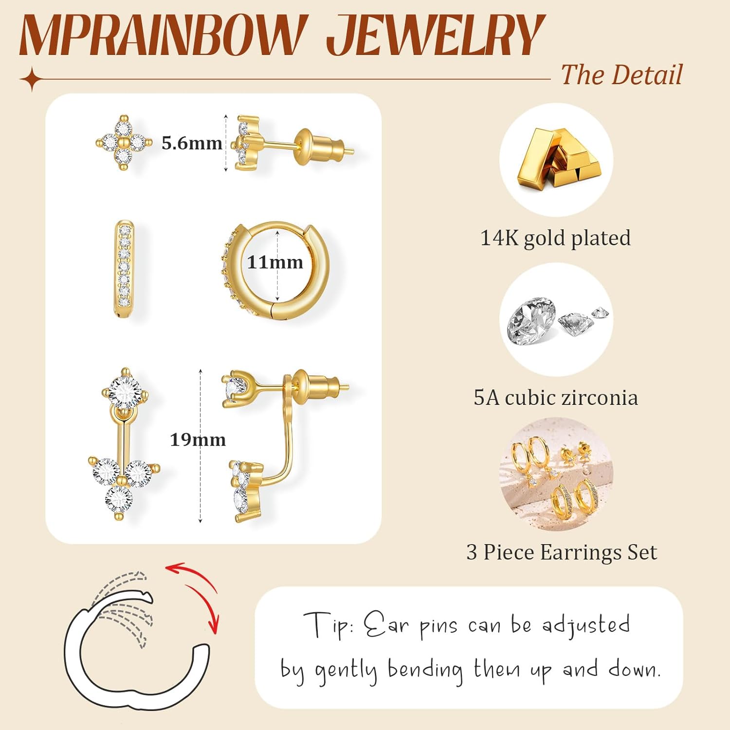 Gold Stud Earrings Jewelry Set - 3 Pairs 14K Gold Plated Earring Stacks Aretes, Huggie Jacket Hoops for Multiple Piercing,Hypoallergenic Lightweight Trendy Cartilage Ear Rings for Women Gifts for Her - Image 4