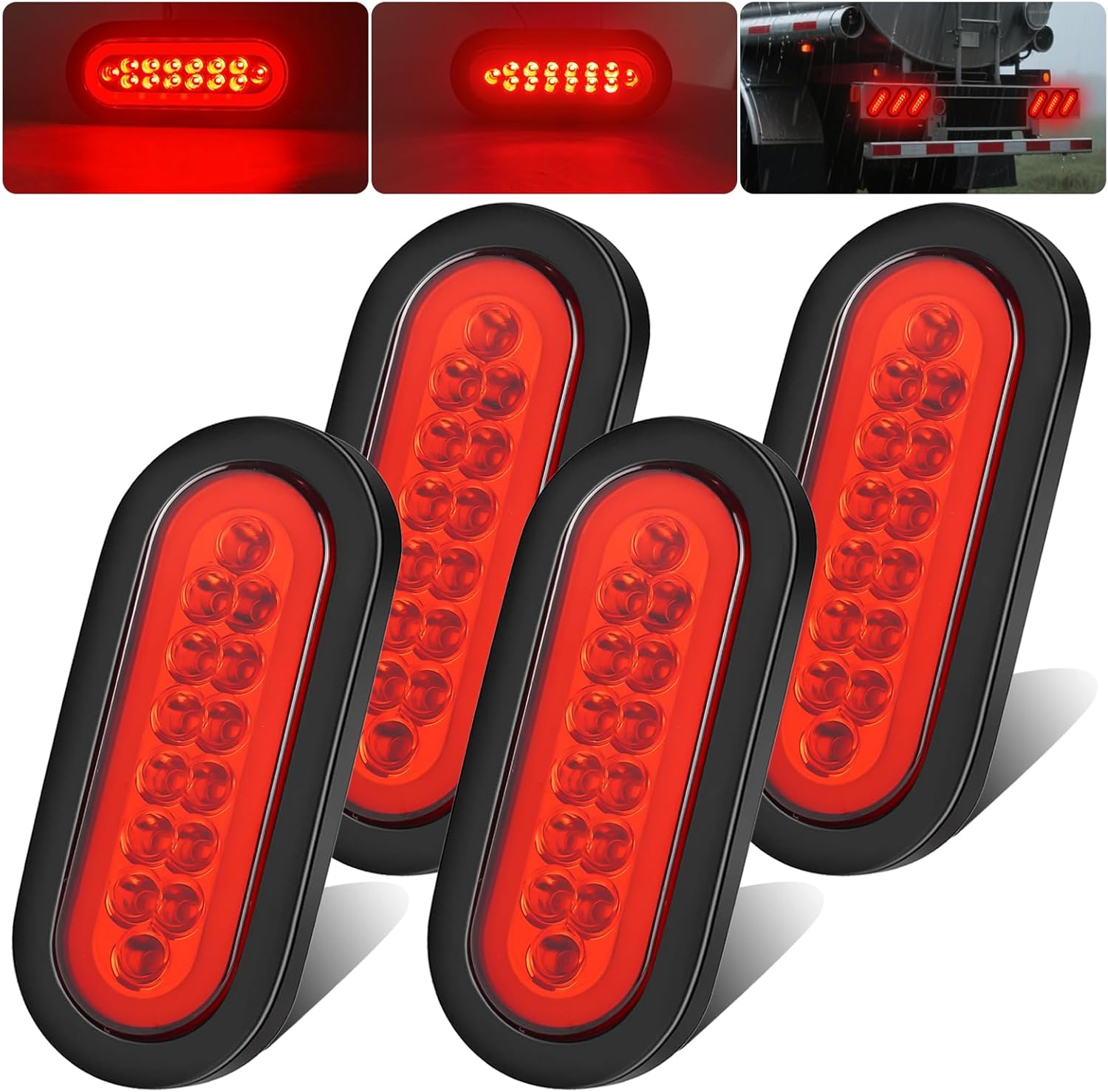 LIGBT 4Pcs 6" inch Red Oval LED Trailer Lights 32 LED Halo Tail Lights Brake Turn Stop Signal Lights w/Rubber Grommet for Truck RV Van Boat Trailer DC 12V 24V