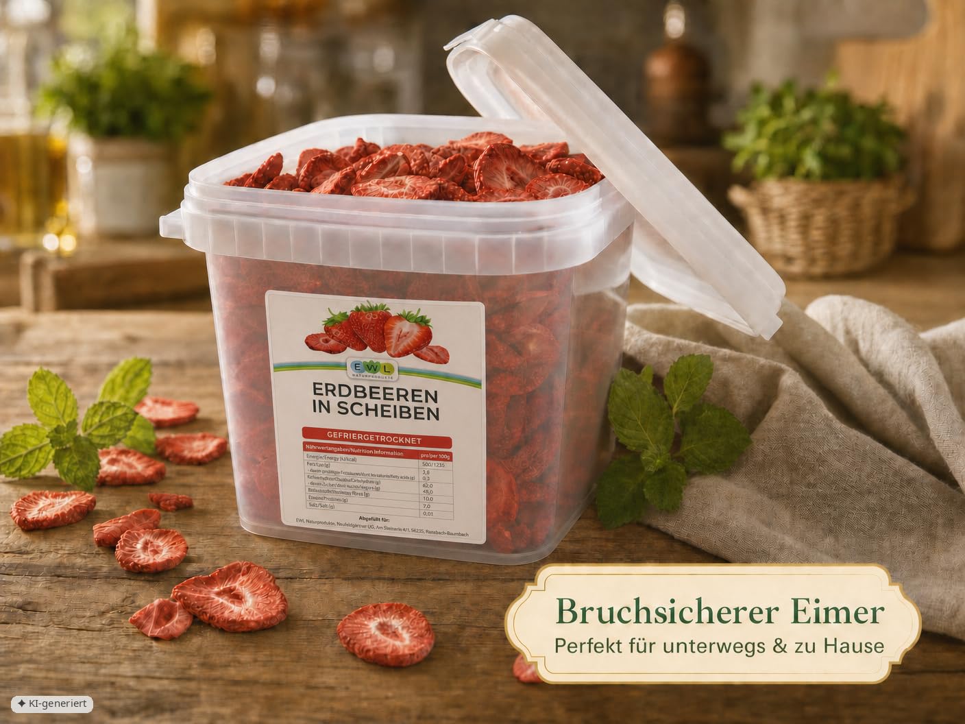 EWL Naturprodukte ERDBEEREN GEFRIERGETROCKNET 300g-leckere, schonend gefriergetrocknete Erdbeeren in Scheiben, frei von Zusatzstoffen -Deutsche Abfüllung- getrocknete Erdbeeren getrocknete Früchte