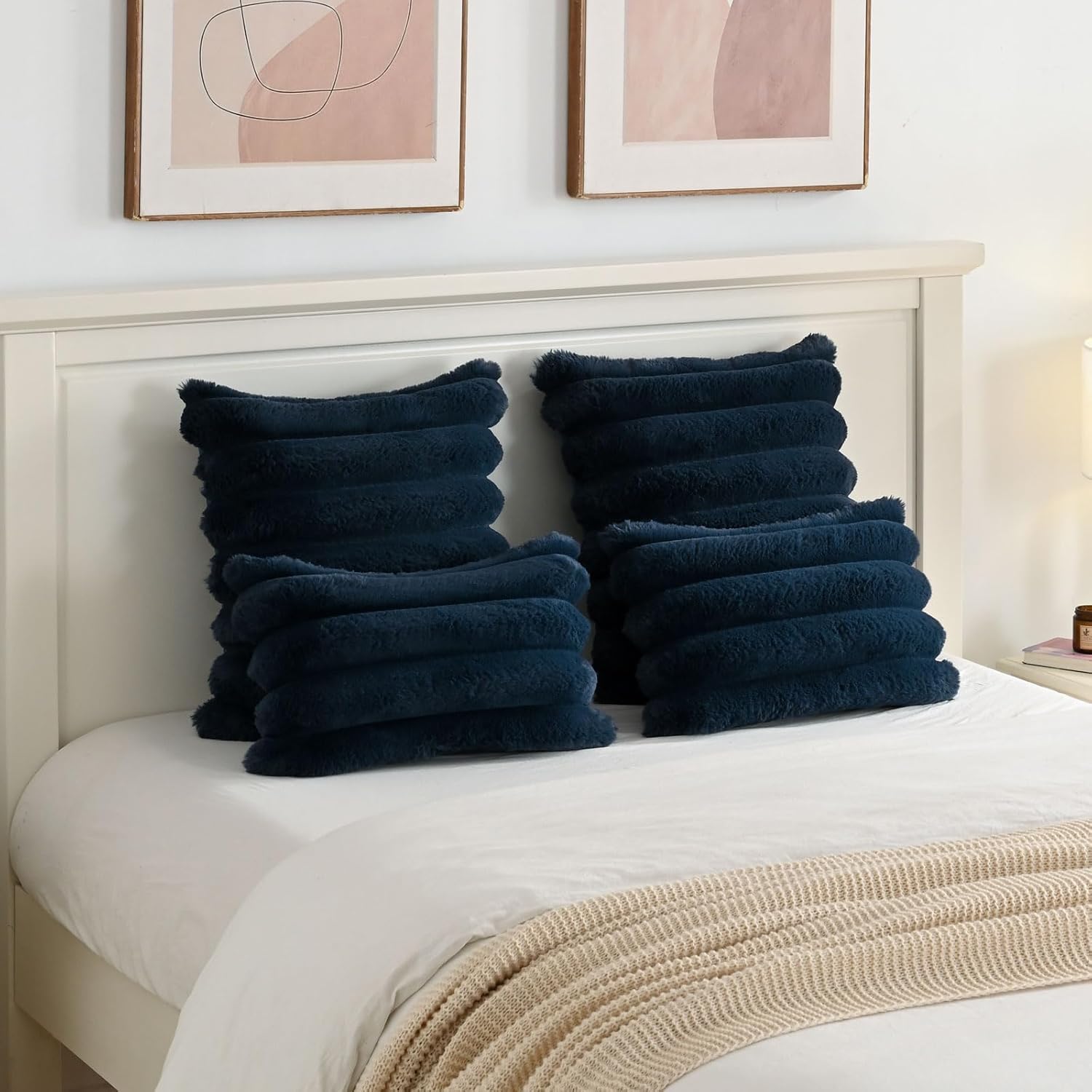 FUTEI Navy Blue Decorative Throw Pillow Covers 18x18 Inch Set of 2, Square Soft Faux Rabbit Fur Thick Striped Cushion Cover,Winter Home Decor for Couch Bed Living Room - Image 6