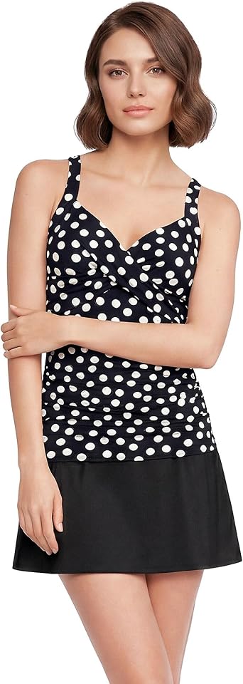 Lands End Womens Sweetheart Wrap Underwire Tankini Top 2 Black/Egret White Tossed Dots