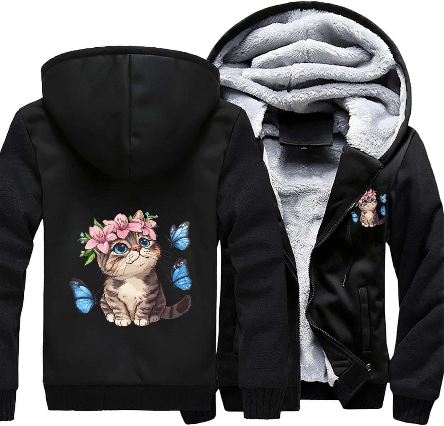 Cat Butterfly Men's Hoodie Full-Zip Hooded Sweatshirt Fleece Jacket Coat Winter Warm Clothing