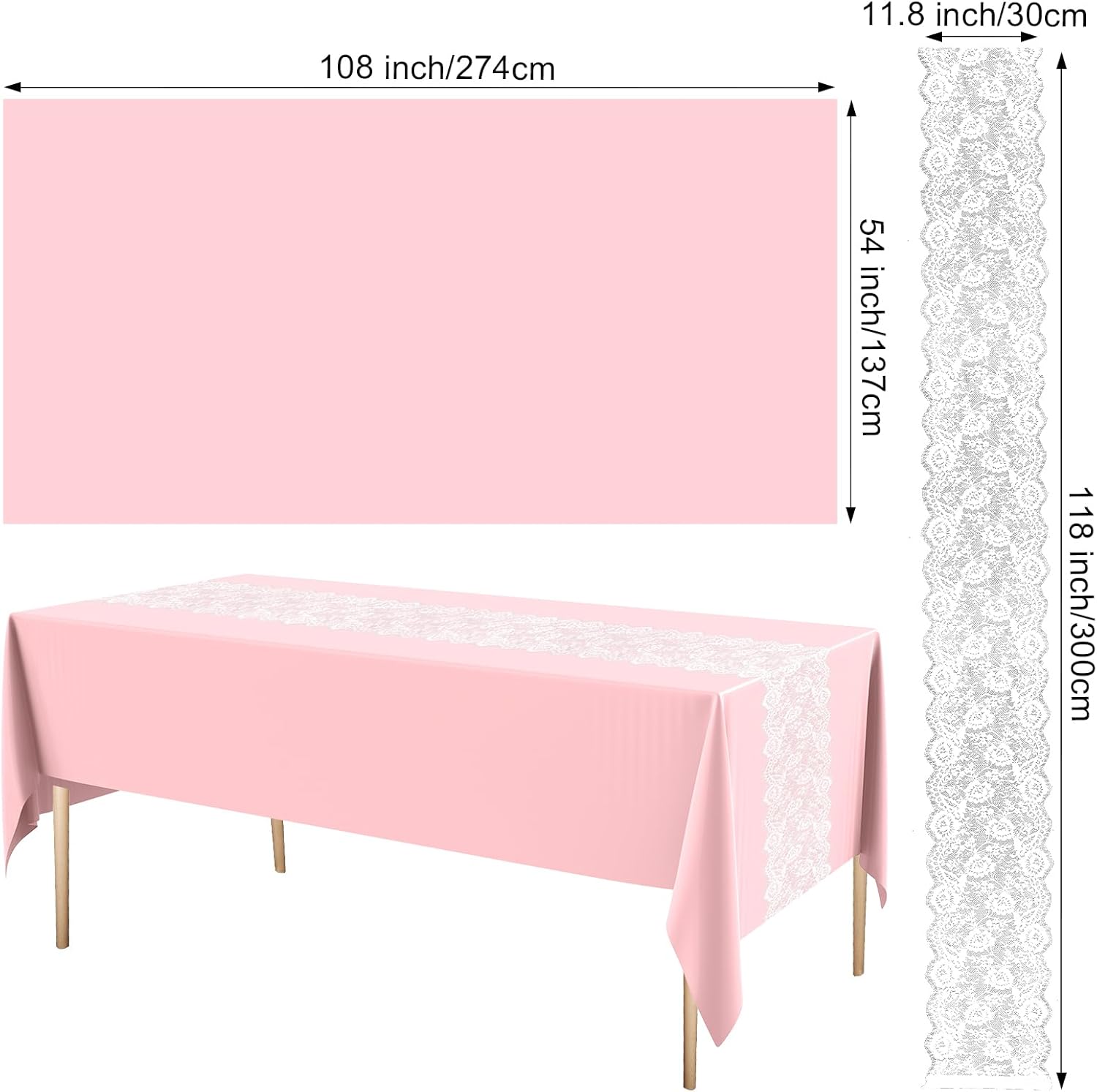 Oudain 12 Pcs Plastic Tablecloth Disposable Rectangular Tablecloth 54 x 108 Inch Tea Party Table Cover Lace Table Runner for Wedding Birthday Baby Shower Anniversary Decoration (Pink)