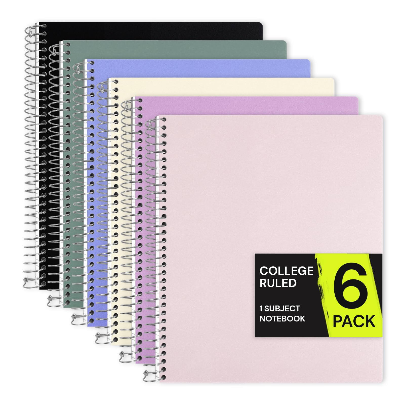ONAVIA Quaderno a spirale, 1 soggetto, confezione da 6, a righe, 22,9 x 27,9 cm, 100 fogli ciascuno, copertina in polipropilene, quaderni scolastici per studio, compiti, preparazione dei test, colori