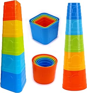 TECHNOK Baby Stacking Cups Toy - Set of 2 Colorful Stacking Toys Towers (5 Square, 5 Round) - Interactive Stack Up Cup Toys - Durable Nesting Cups for Toddlers and Babies for Water, Sand, Bath, Beach