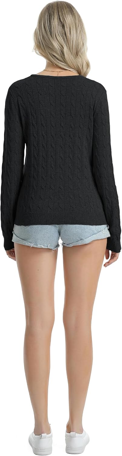 QUALFORT Womens 100% Cotton Cable Knit Sweater Lightweight Crewneck or V Neck 2026 - Image 4