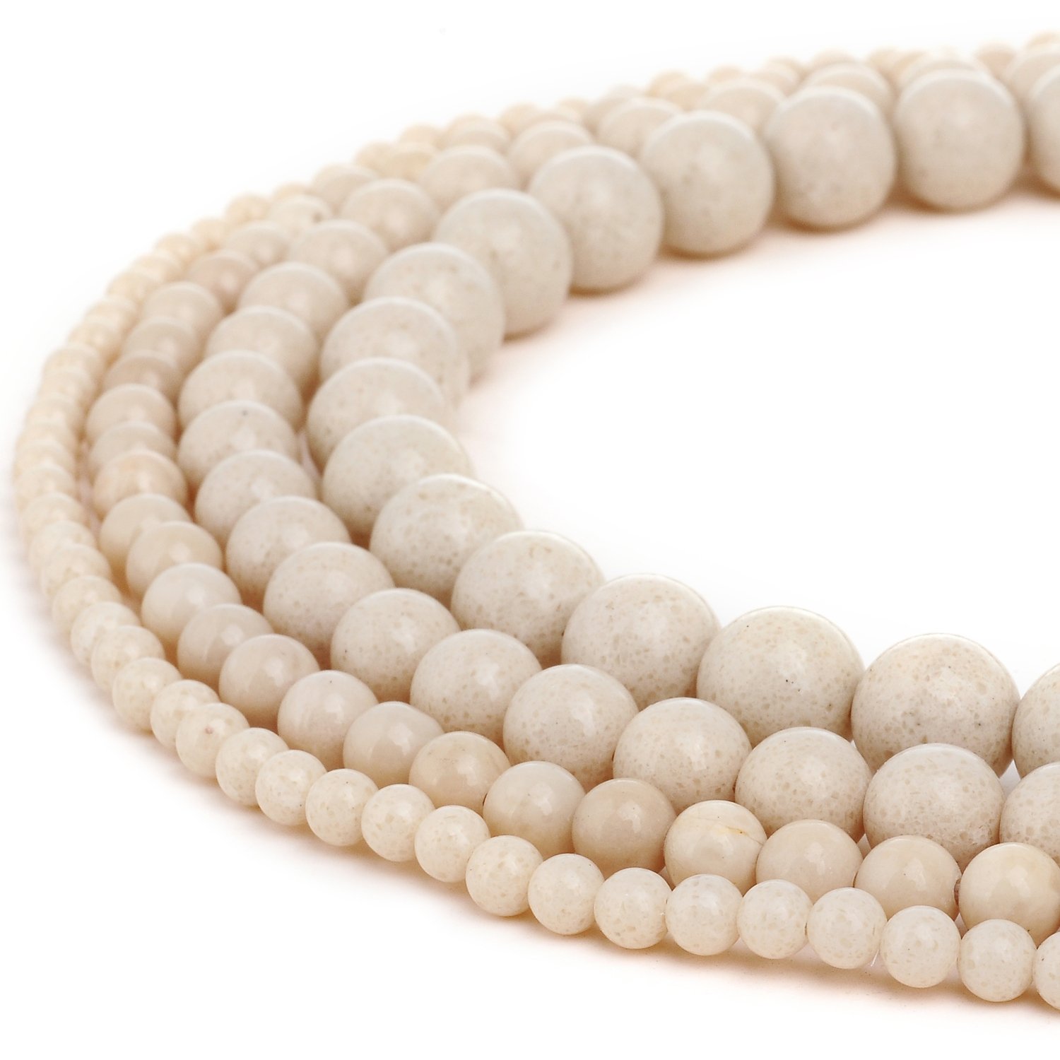 RUBYCA Natural White Cream Fossil Gemstone Round Loose Beads for Jewelry Making 1 Strand - 4mm