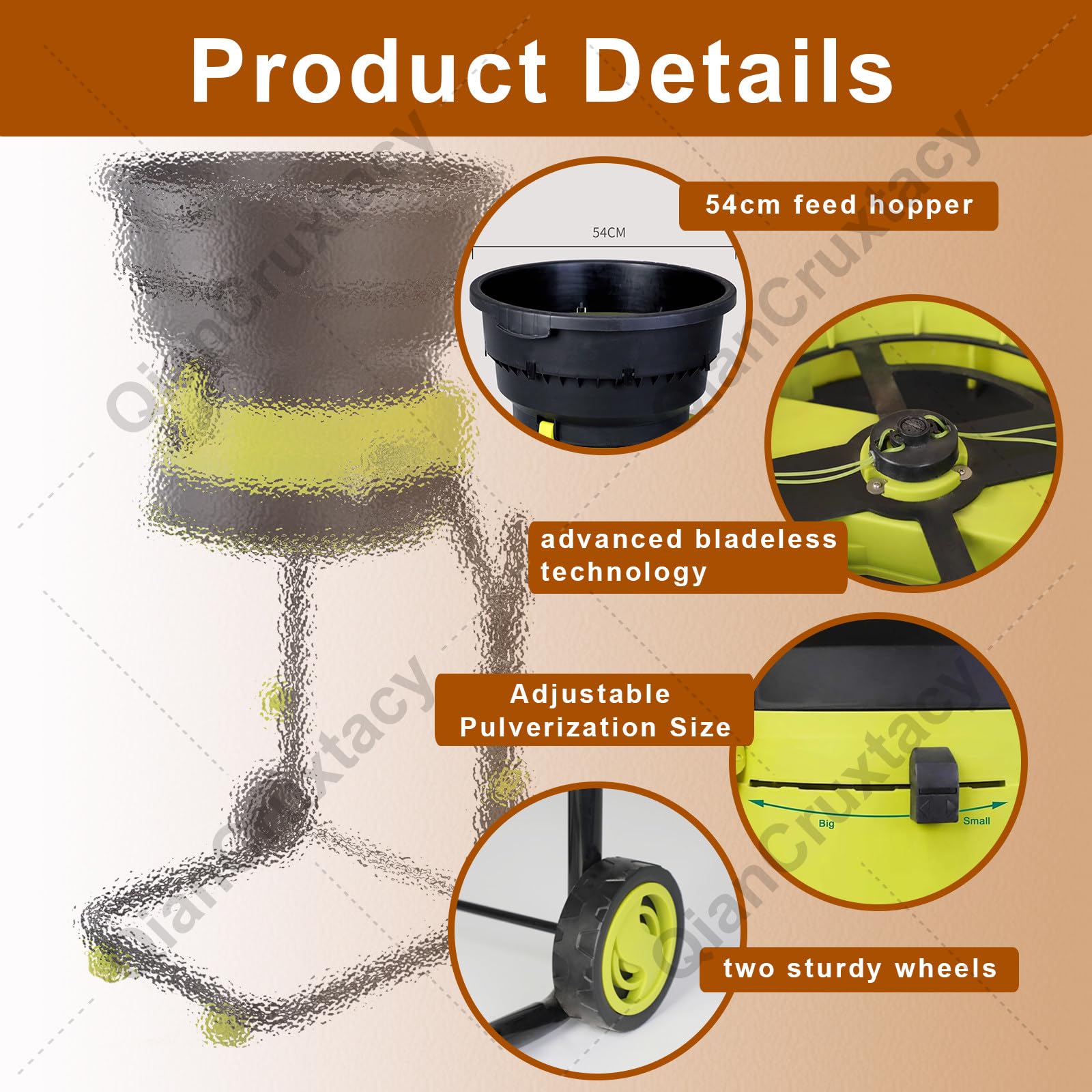 Trituradora de compost, trituradora eléctrica de hojas de jardín, trituradora portátil de 2500 W, amoladora automática de 8000 rpm, diámetro de embudo de 54 cm para limpieza de patio