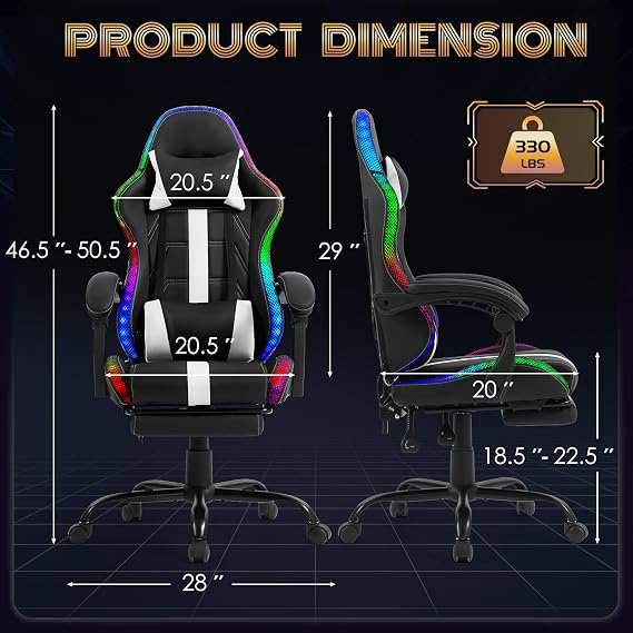 ECOTOUGE Gaming Chair, Massage Computer Chair with Footrest, RGB White