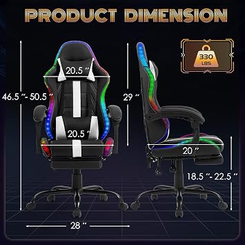 ECOTOUGE Gaming Chair, Massage Computer Chair with Footrest, RGB White