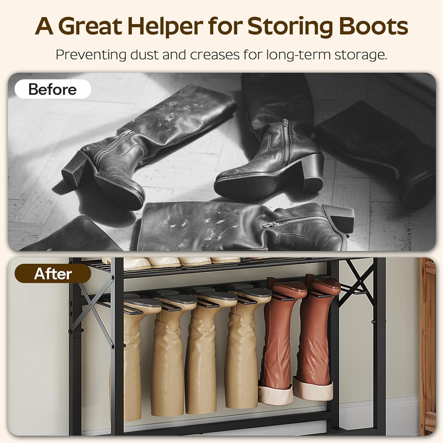 Before and after comparison showing boots lying flat and creased, then neatly hung on the boot storage rods of the shoe rack.