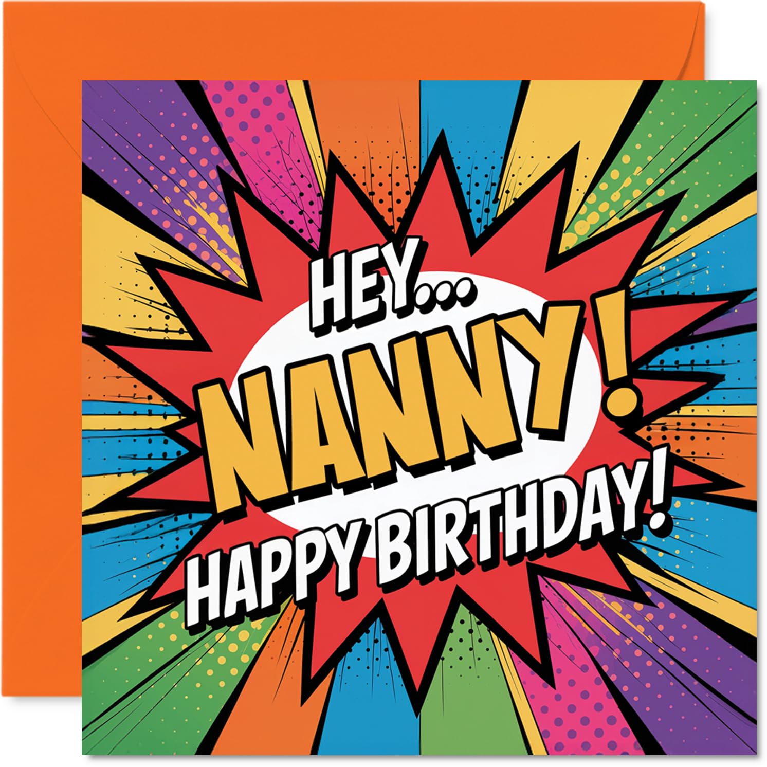 Playful Birthday Card for Nanny - Bursting with Birthday Joy - Comic Explosion Design with Vibrant Orange Pops - 145mm Square, Envelope Included