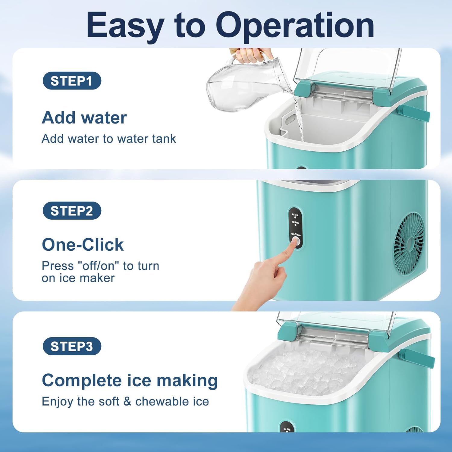 ZAFRO Portable Ice Maker Countertop with Handle/Indicator Lamps, 7 Mins Fast Ice Making, 35Lbs/24H, Nugget Ice Maker Machine with Ice Basket/Ice Scoop for Home/Office/Restaurant/Bar, Green