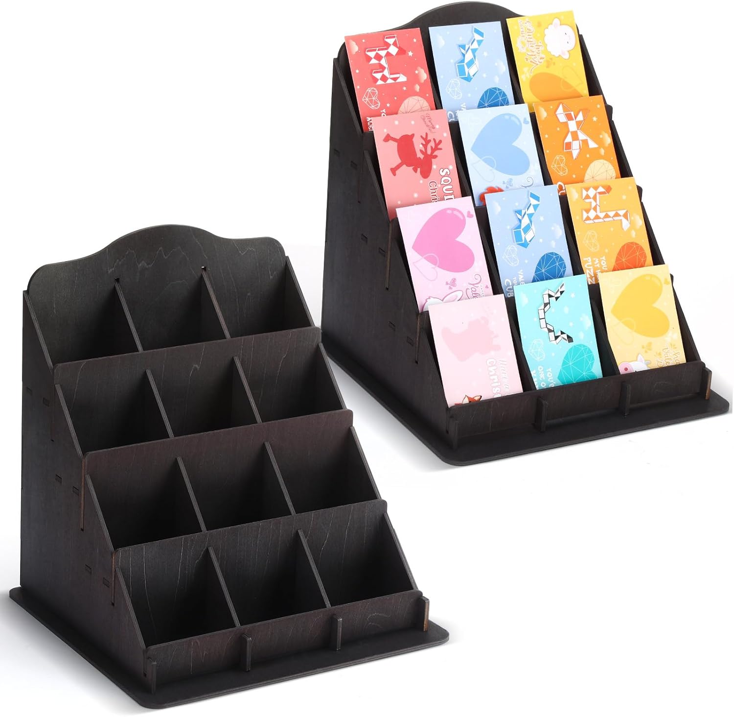 Barydat 2 Pack Greeting Card Organizer Display Stand, Counter Table Vendor Retail Display Stand, Wooden 4 Tier Shelves for Sticker, Postcard, Brochure, Photos, Picture(Black)