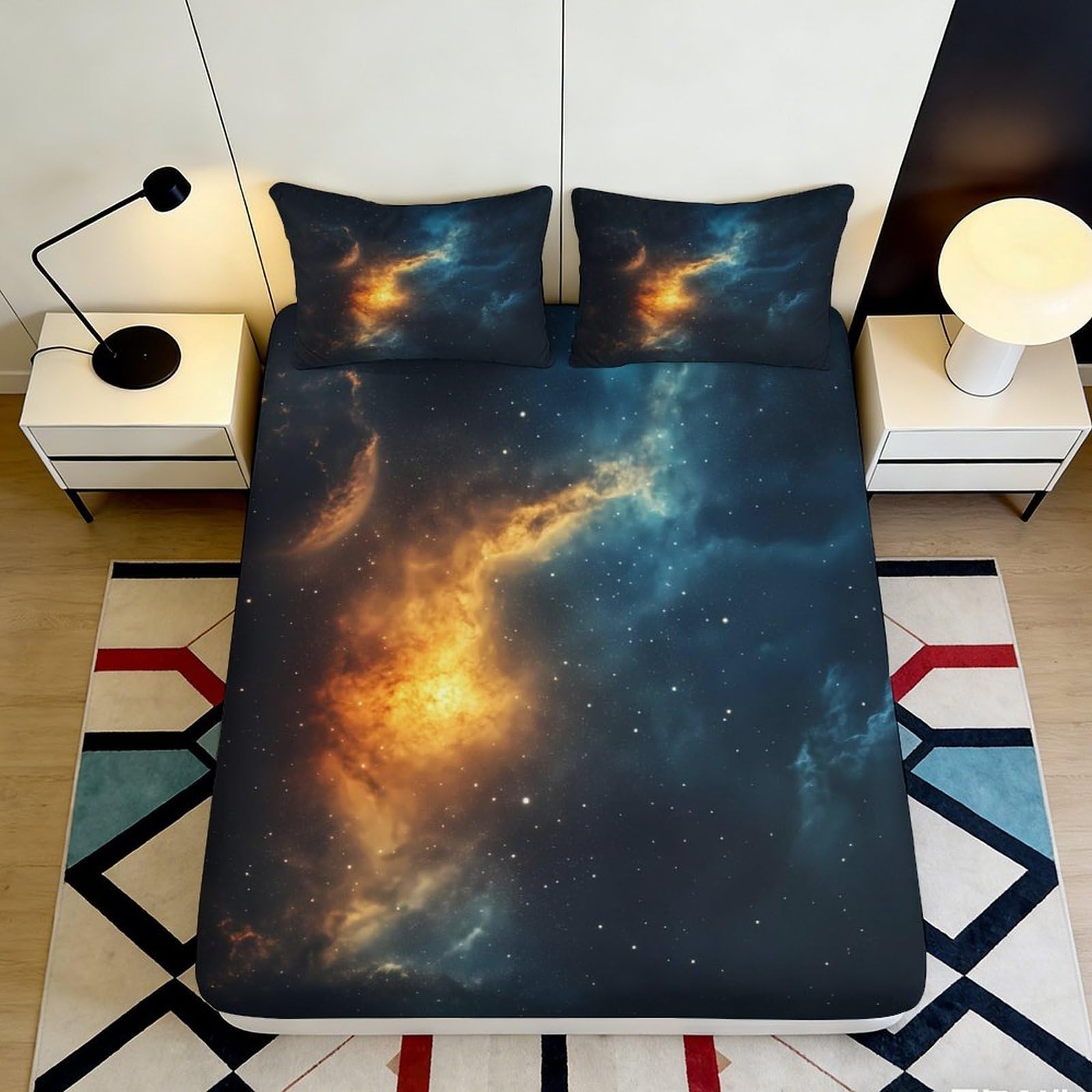 Qjzxknhpgr Style-2 3D Printed Galaxy Starry Sky Fitted Sheet Microfiber Modern Cosmic Nebula Mattress Cover For Bedroom Dorm Decor 90X200x25cm