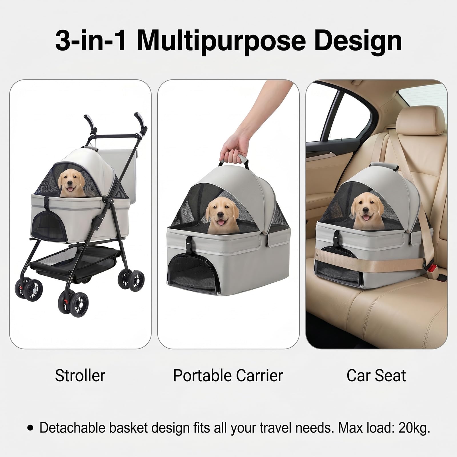 Cochecito para perros plegable hasta 20 kg, 3 en 1 con cesta de almacenamiento extraíble para perros pequeños y gatos, carrito para perros con ruedas giratorias de 360 ° y ventanas de red, cochecito