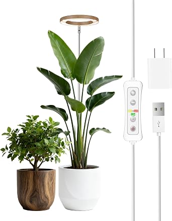 yadoker Plant Grow Light,LED Growing Light Full Spectrum for Indoor Plants,Aluminum Coffee Wood Grain Plant Lights,Height Adjustable, Automatic Timer, 5V Low Safe Voltage