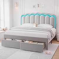 Vista 14 de Marco de cama LED tapizado individual con cajón de almacenamiento y cabecera doble ondulada ajustable, cama de plataforma de terciopelo