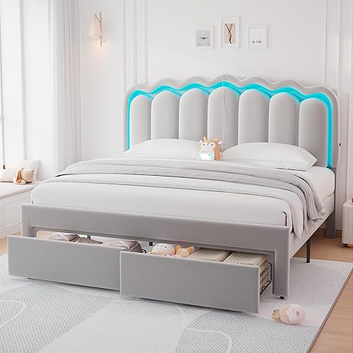 Miniatura 15 de Base de cama LED tapizada tamaño Queen con 2 cajones de almacenamiento y cabecera doble ondulada ajustable, cama de plataforma de princesa de