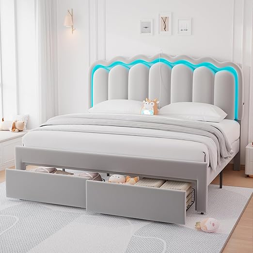 King Upholstered LED Bed Frame with 2 Storage Drawers and Adjustable Chic Double Wavy Headboard, Velvet Princes Platform Bed with Charing Station, Solid Wood Slats Support, No Box Spring Needed, Grey